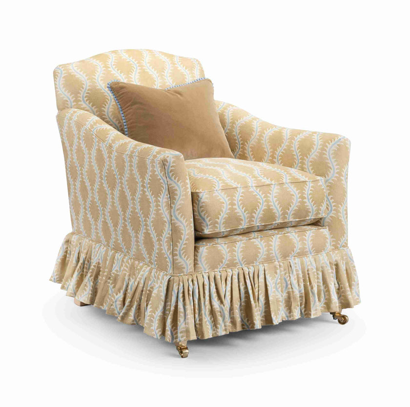 Macey, Small Armchair, in Geometric Design, Pure Linen  with Frilled Skirt