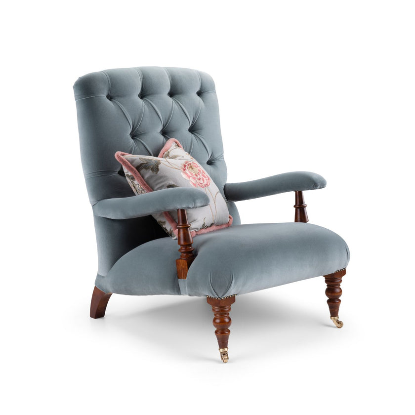 Buttoned Back Blue Velvet Open Armchair