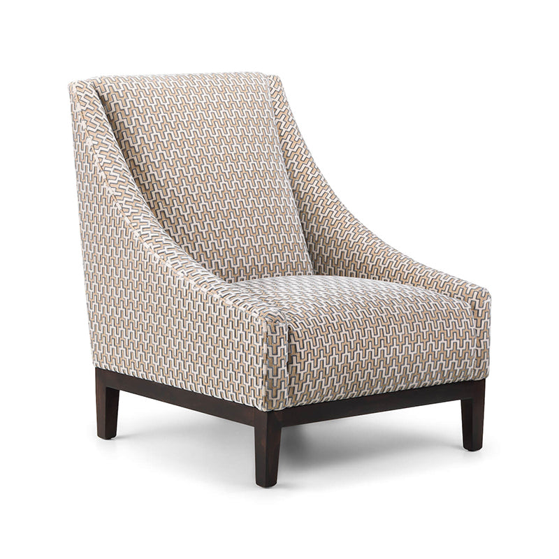 Ashfield Chair upholstered in beige geometric fabric with sloped arms and dark wooden legs