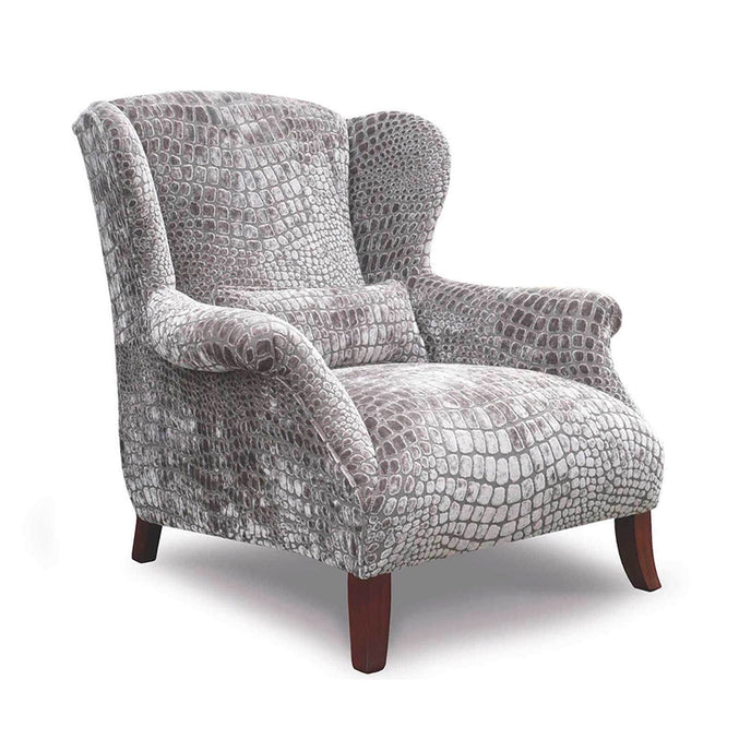 Coltbridge Wing Chair upholstered in grey crocodile-effect fabric with a high wingback, rolled arms, and dark wooden legs