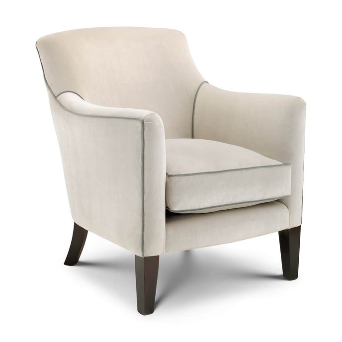 Farnham Chair upholstered in cream fabric with contrast piping and dark wooden legs