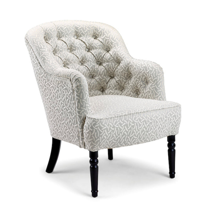 Josephine chair upholstered in light grey geometric fabric with black wooden legs