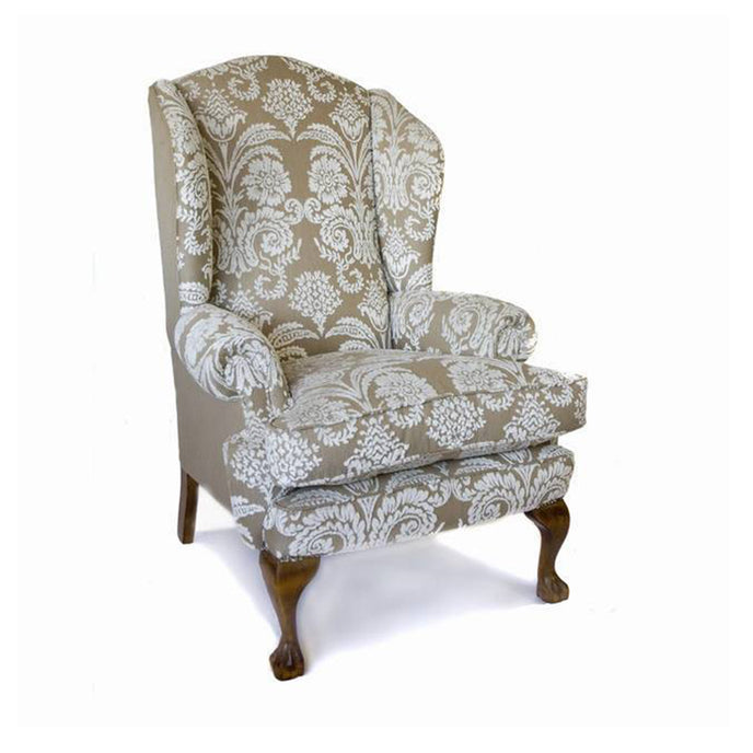 Club Wing Chair with rolled arms and carved wooden legs