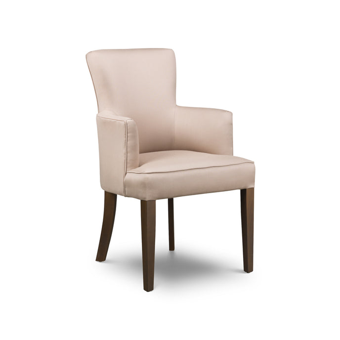 Milan Dining Chair upholstered in beige fabric with tapered wooden legs