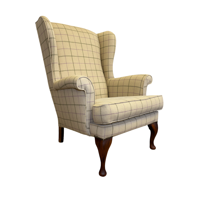 Oakham Wing Chair in Beige Wool Check