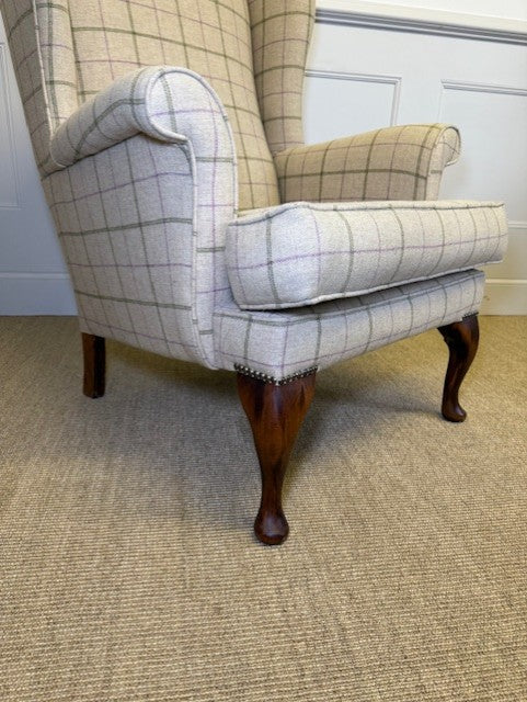 Oakham Wing Chair in Beige Wool Check Side