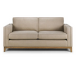 Oslo Sofa upholstered in beige fabric with angular arms and a wooden plinth base