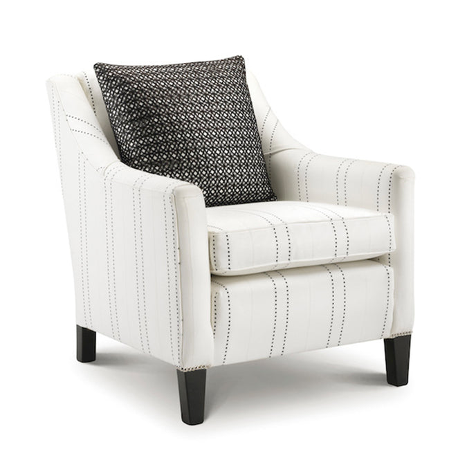 Roath Chair upholstered in cream striped fabric with dark wooden legs and a contrasting black cushion