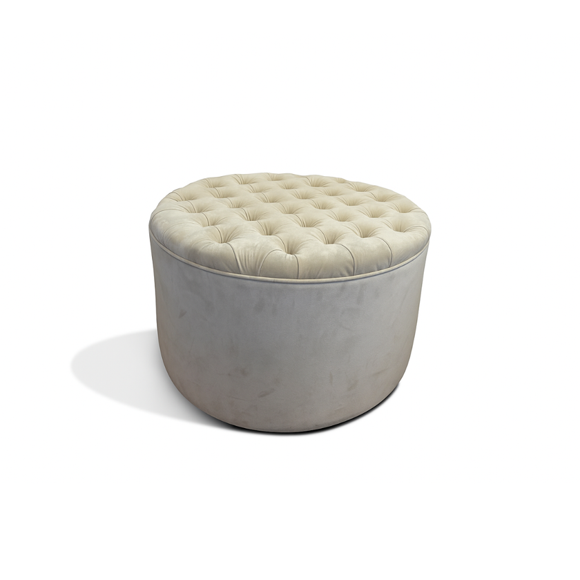 Round Deep Buttoned Ottoman in Cream Velvet