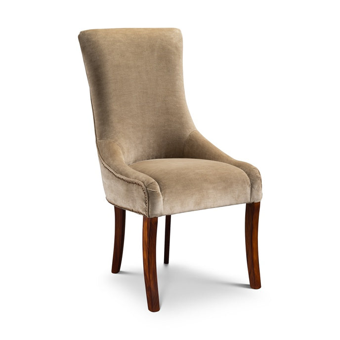 Soho High Backed Chair upholstered in light grey fabric with tapered wooden legs