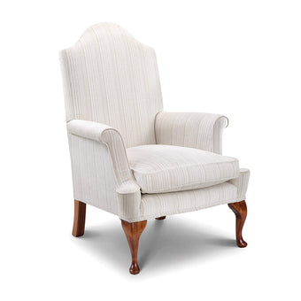 Sotherby Chair upholstered in cream striped fabric with rolled arms and carved wooden legs