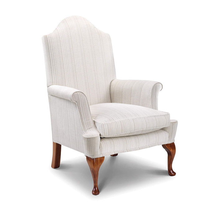 Sotherby Chair upholstered in cream striped fabric with rolled arms and carved wooden legs
