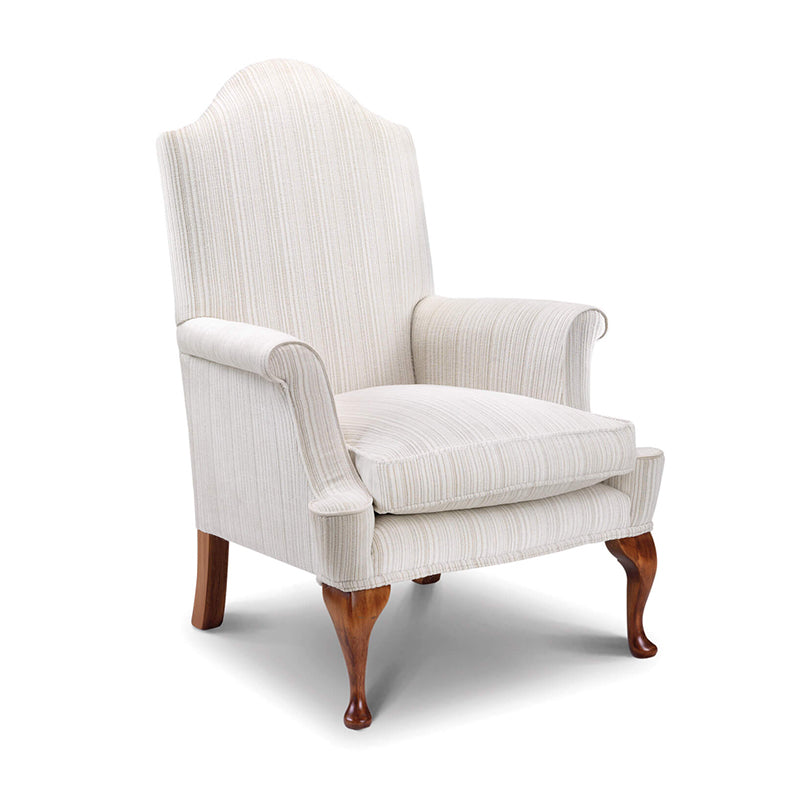 Sotherby Chair upholstered in cream striped fabric with rolled arms and carved wooden legs