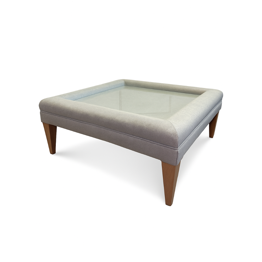Square Glass Top Footstool in Soft Blue Linen