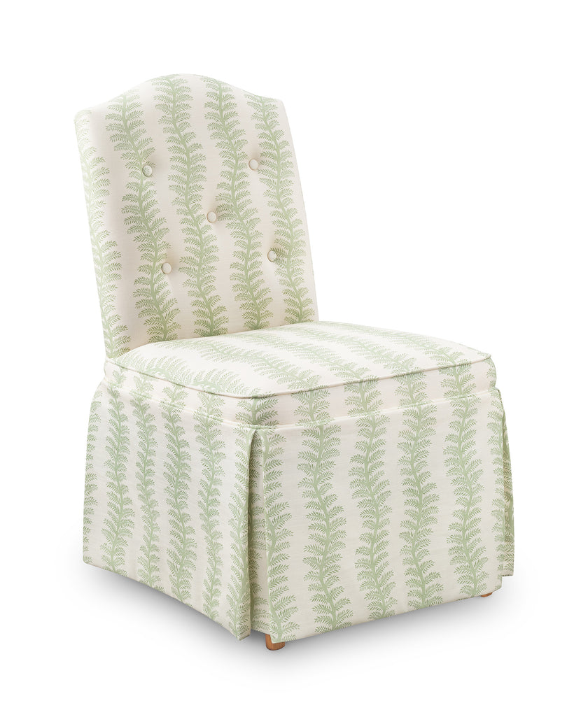 The Bedroom Chair with Kick Pleat Valance, in Striped Leaf Print