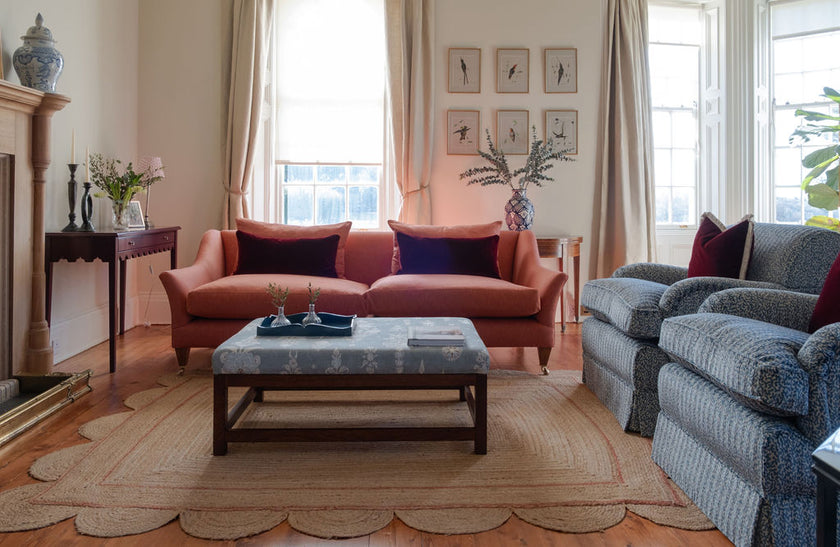 Framed Table Footstool in a Patterned Vintage Look Linen