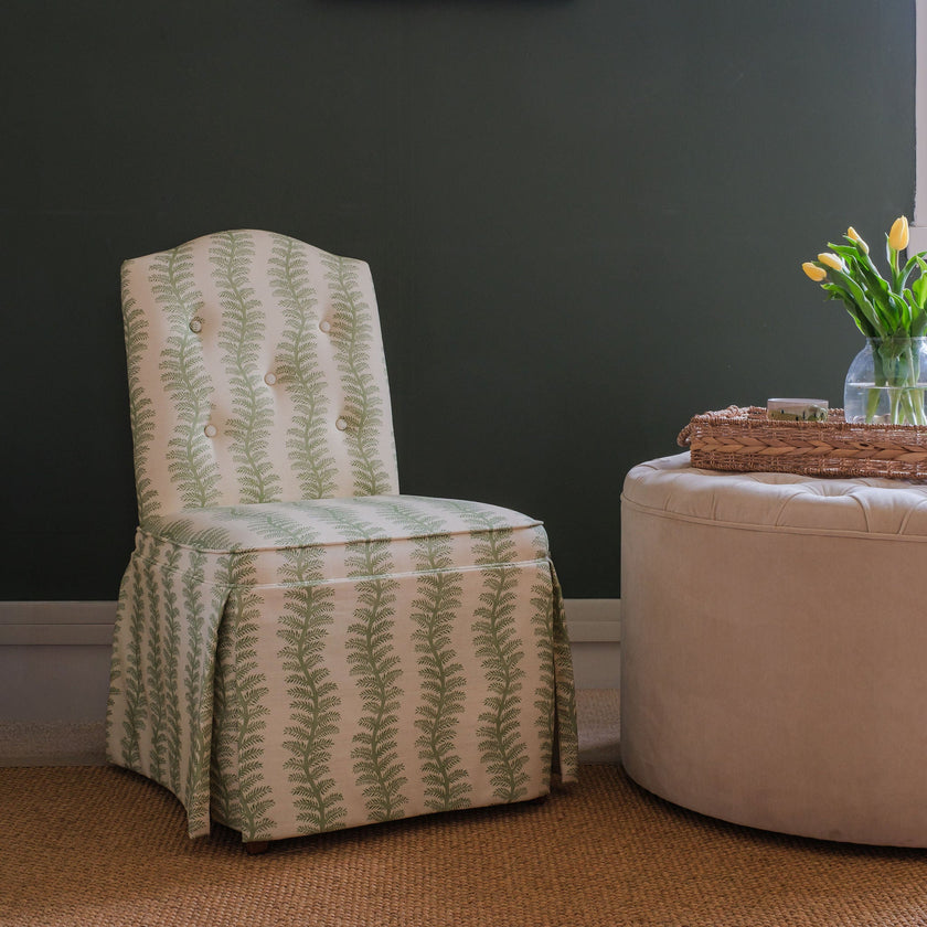 The Bedroom Chair with Kick Pleat Valance, in Striped Leaf Print