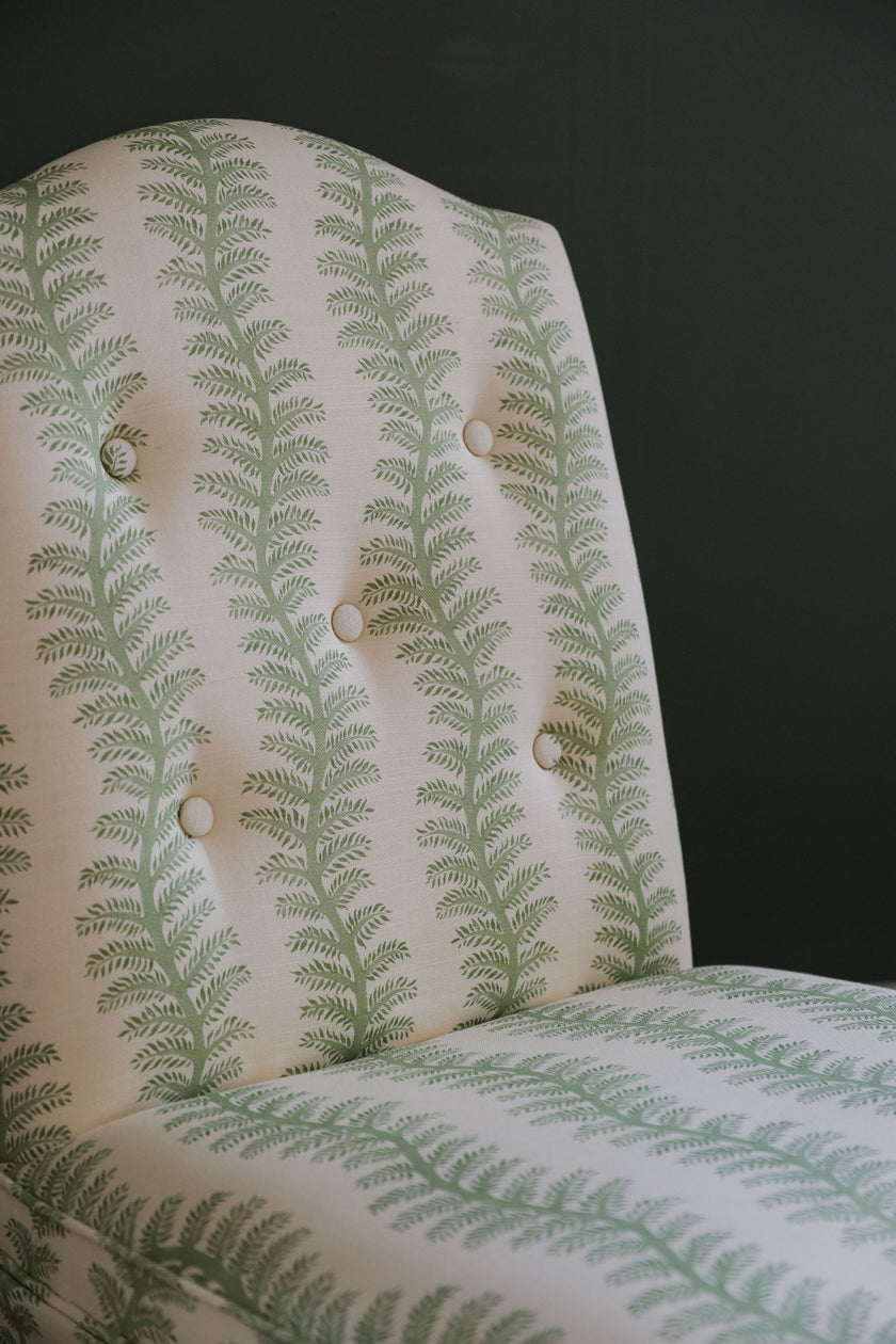 The Bedroom Chair with Kick Pleat Valance, in Striped Leaf Print