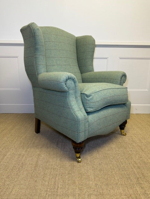 Traditional Wing Chair in Green Wool Check