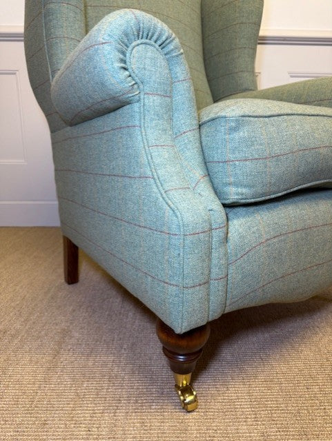 Traditional Wing Chair in Green Wool Check Close Up