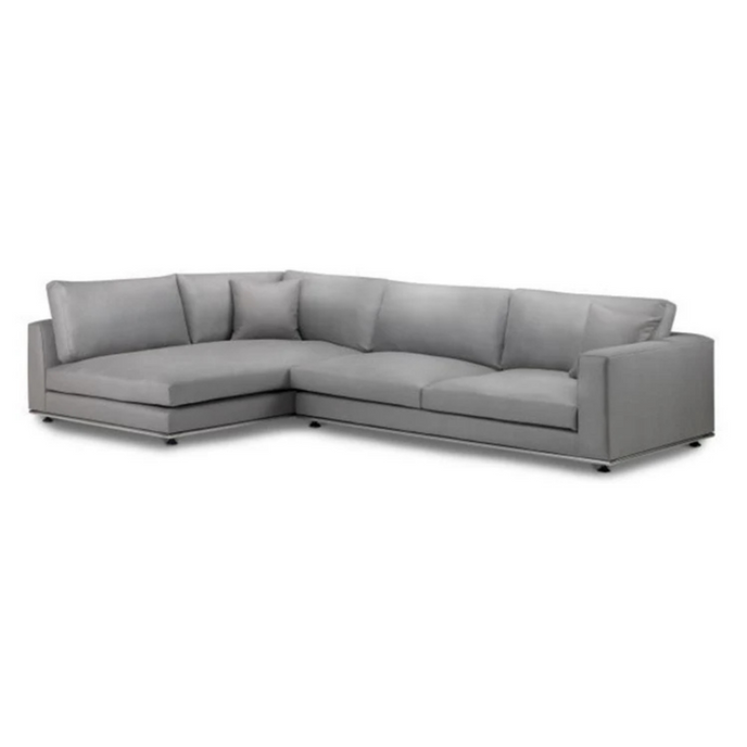 Hadley Corner Sofa upholstered in grey fabric with loose back cushions and angular arms